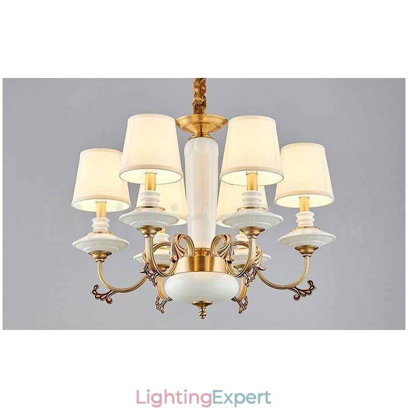 Retro Vintage Brass Ceramics Pendant Candle Chandelier with Fabric Shades