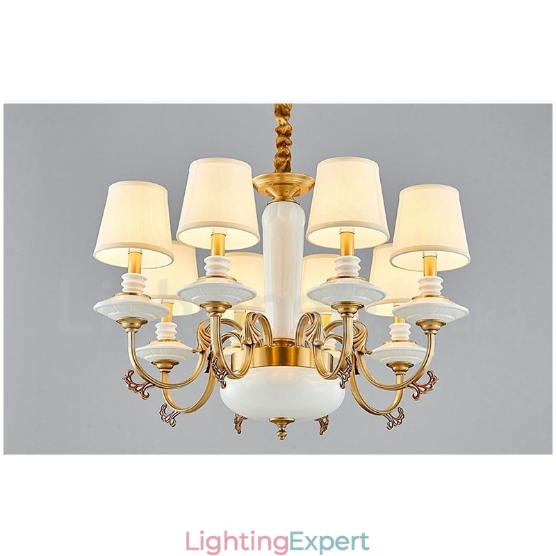 Retro Vintage Brass Ceramics Pendant Candle Chandelier with Fabric Shades