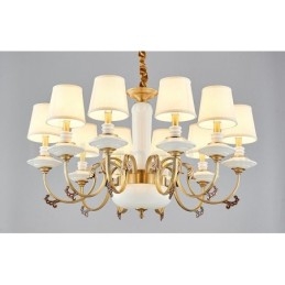 Retro Vintage Brass Ceramics Pendant Candle Chandelier with Fabric Shades