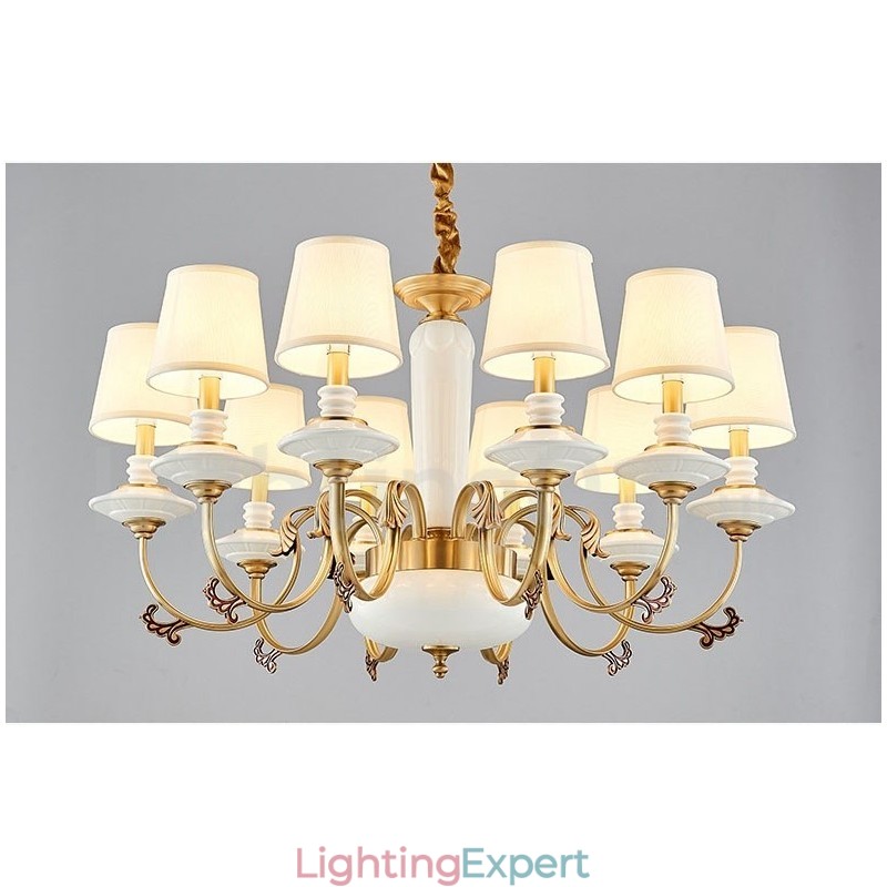 Retro Vintage Brass Ceramics Pendant Candle Chandelier with Fabric Shades