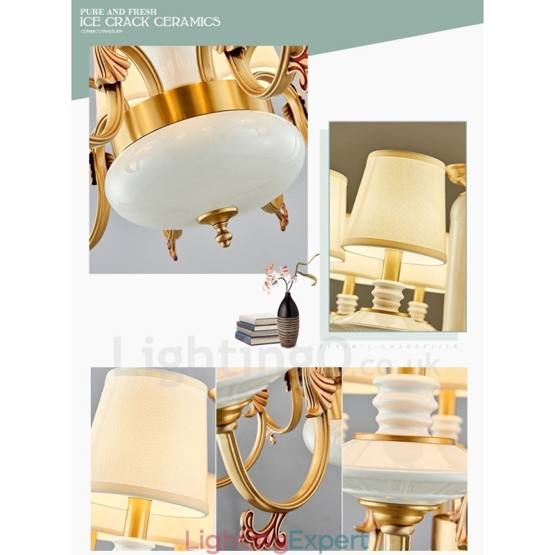Retro Vintage Brass Ceramics Pendant Candle Chandelier with Fabric Shades