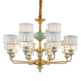 Pure Brass Luxurious Rustic Retro Vintage Brass Ceramics Pendant Candle Chandelier with Fabric and Crystal Shades