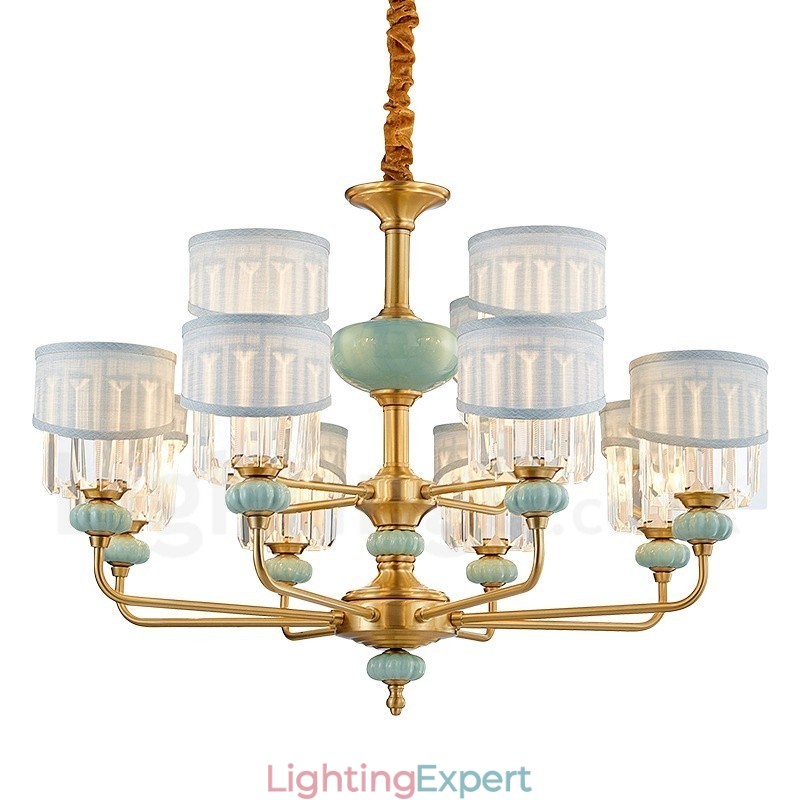 Pure Brass Luxurious Rustic Retro Vintage Brass Ceramics Pendant Candle Chandelier with Fabric and Crystal Shades