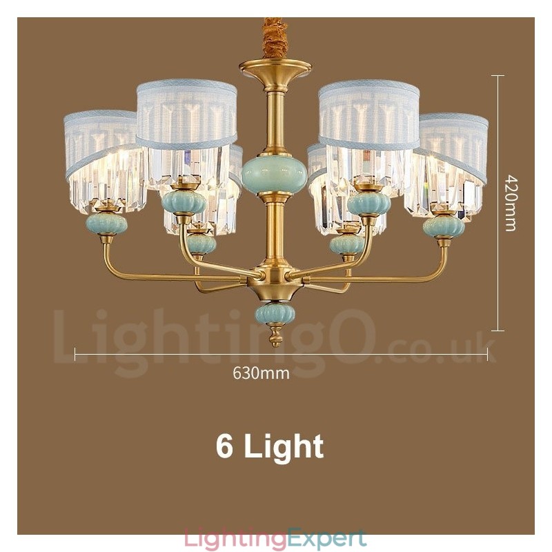 Pure Brass Luxurious Rustic Retro Vintage Brass Ceramics Pendant Candle Chandelier with Fabric and Crystal Shades