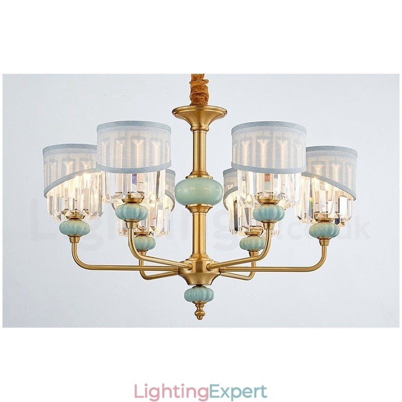 Pure Brass Luxurious Rustic Retro Vintage Brass Ceramics Pendant Candle Chandelier with Fabric and Crystal Shades