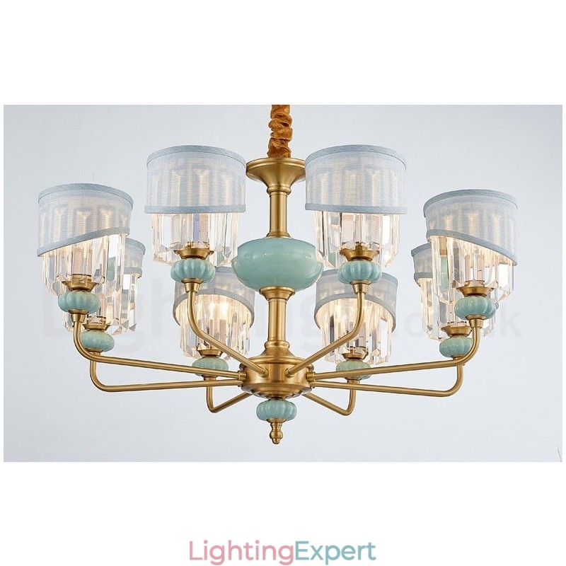 Pure Brass Luxurious Rustic Retro Vintage Brass Ceramics Pendant Candle Chandelier with Fabric and Crystal Shades