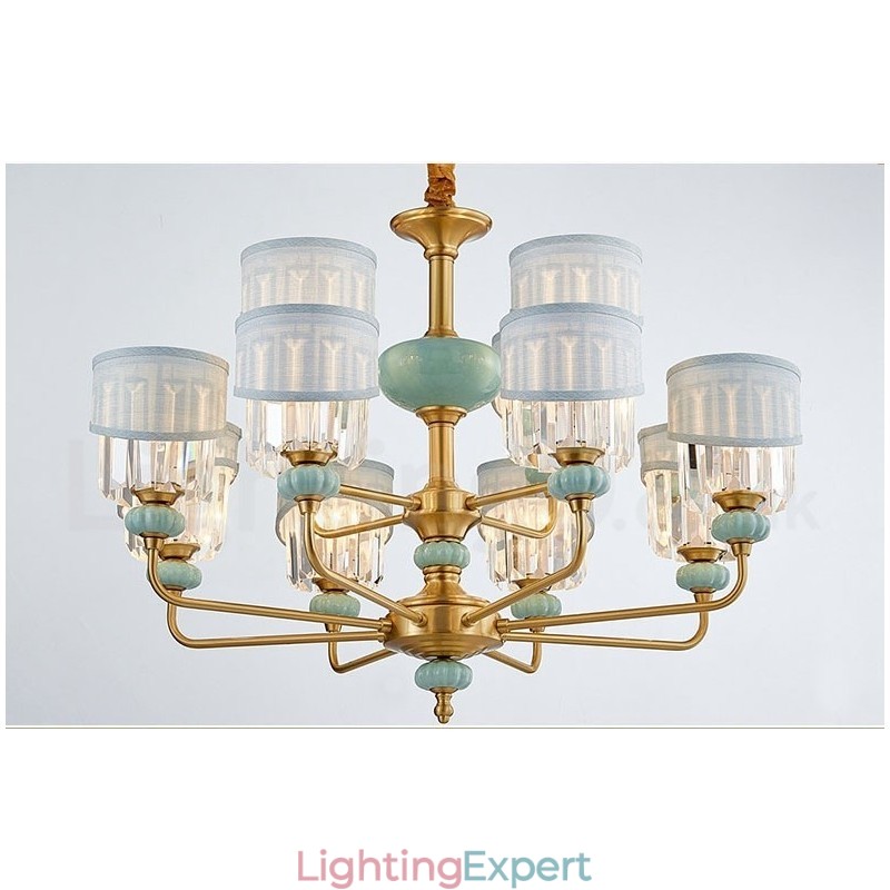 Pure Brass Luxurious Rustic Retro Vintage Brass Ceramics Pendant Candle Chandelier with Fabric and Crystal Shades