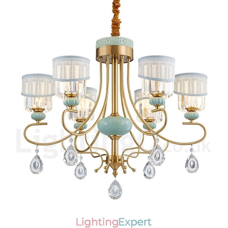 Pure Brass Luxurious Rustic Retro Vintage Brass Ceramics Pendant Candle Chandelier with Fabric and Crystal Shades