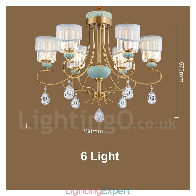 Pure Brass Luxurious Rustic Retro Vintage Brass Ceramics Pendant Candle Chandelier with Fabric and Crystal Shades