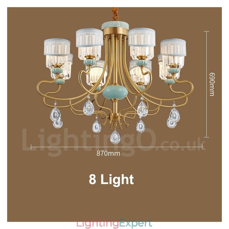 Pure Brass Luxurious Rustic Retro Vintage Brass Ceramics Pendant Candle Chandelier with Fabric and Crystal Shades