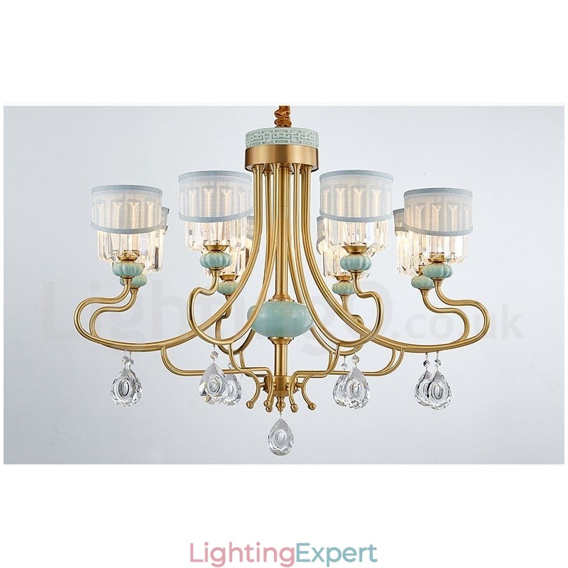 Pure Brass Luxurious Rustic Retro Vintage Brass Ceramics Pendant Candle Chandelier with Fabric and Crystal Shades
