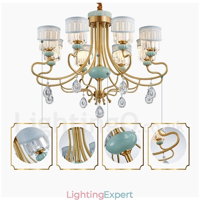 Pure Brass Luxurious Rustic Retro Vintage Brass Ceramics Pendant Candle Chandelier with Fabric and Crystal Shades
