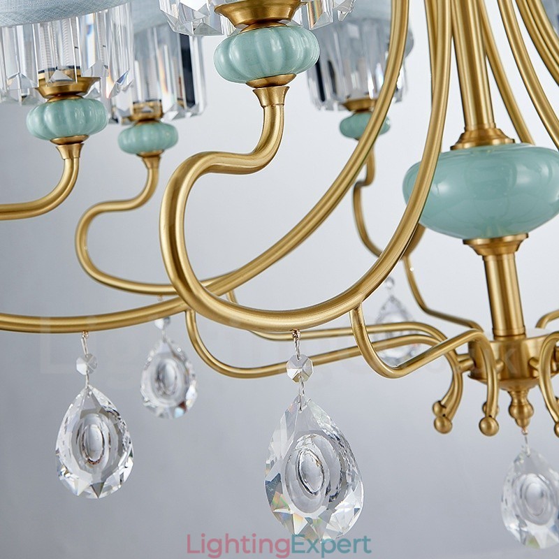 Pure Brass Luxurious Rustic Retro Vintage Brass Ceramics Pendant Candle Chandelier with Fabric and Crystal Shades