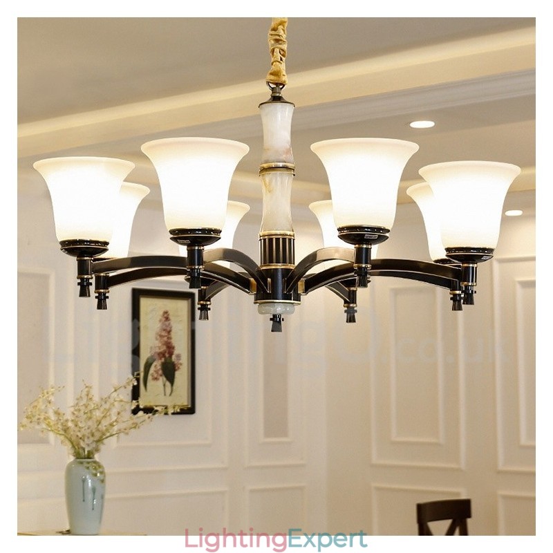 Pure Brass Luxurious Rustic Retro Vintage Brass Stone Pendant Candle Chandelier with Glass Shades