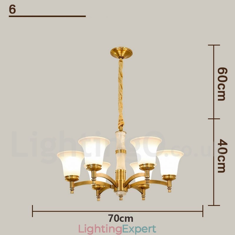 Pure Brass Luxurious Rustic Retro Vintage Brass Stone Pendant Candle Chandelier with Glass Shades