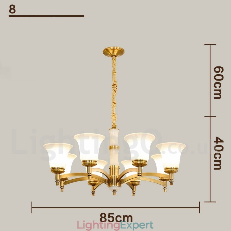 Pure Brass Luxurious Rustic Retro Vintage Brass Stone Pendant Candle Chandelier with Glass Shades