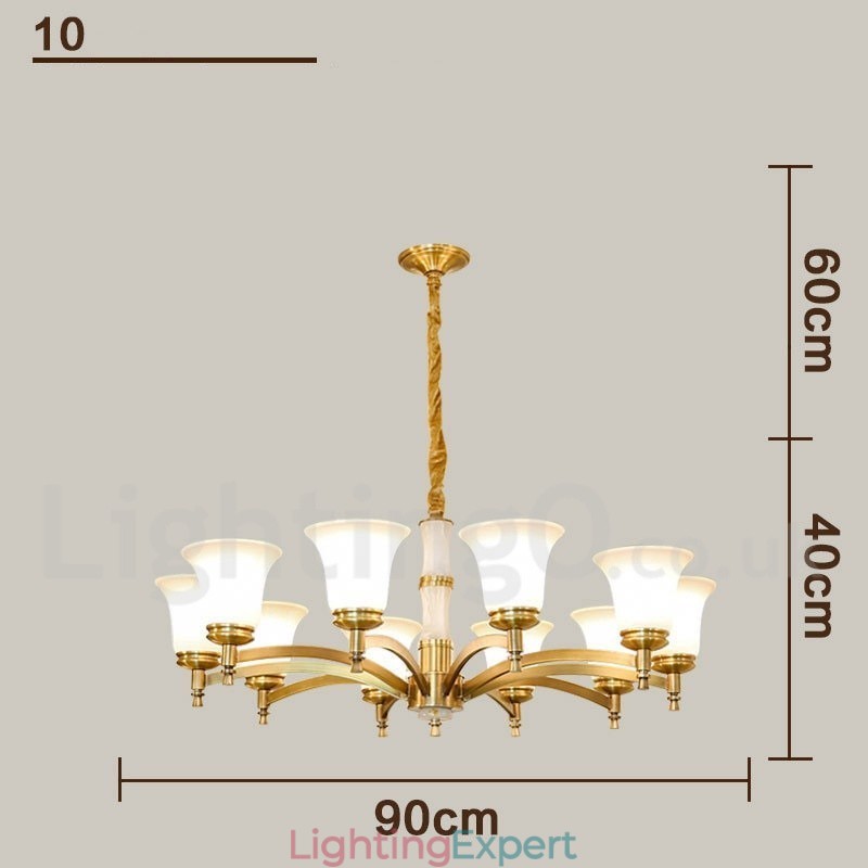 Pure Brass Luxurious Rustic Retro Vintage Brass Stone Pendant Candle Chandelier with Glass Shades