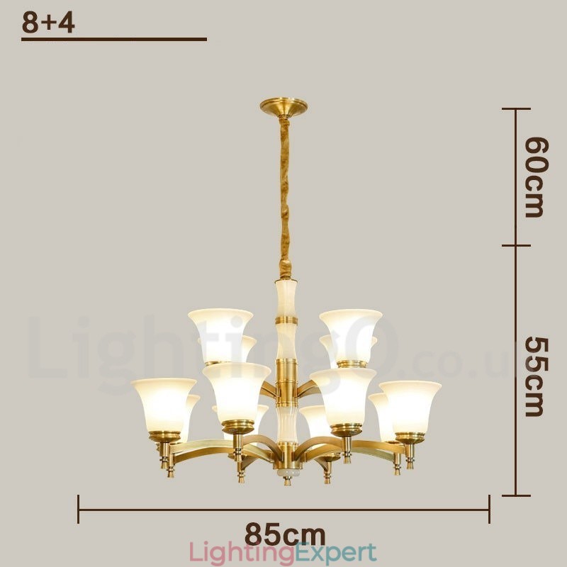 Pure Brass Luxurious Rustic Retro Vintage Brass Stone Pendant Candle Chandelier with Glass Shades