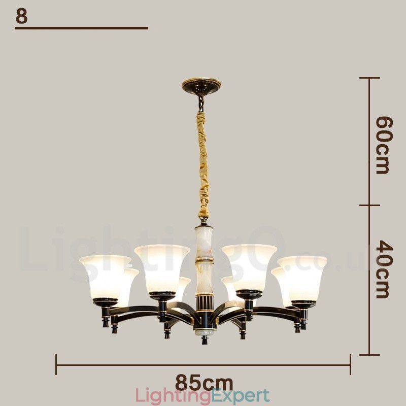 Pure Brass Luxurious Rustic Retro Vintage Brass Stone Pendant Candle Chandelier with Glass Shades