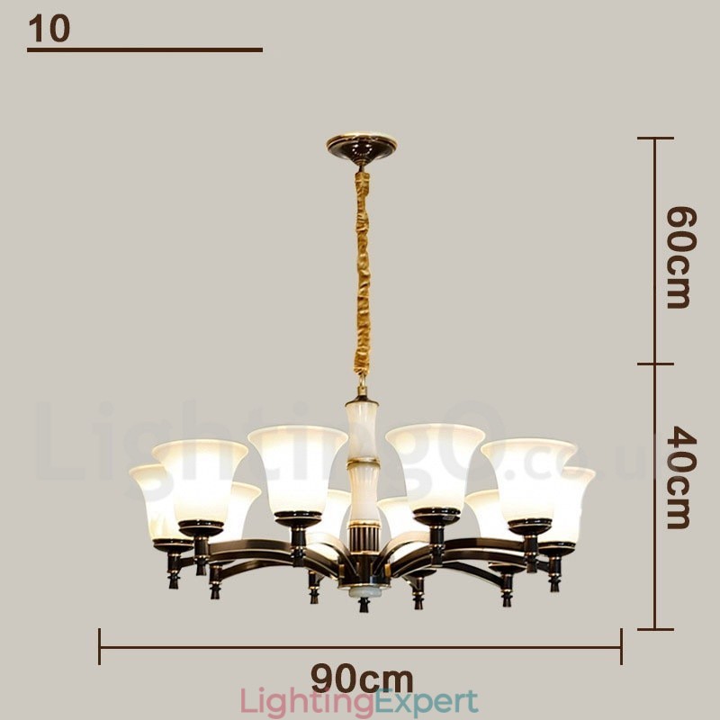 Pure Brass Luxurious Rustic Retro Vintage Brass Stone Pendant Candle Chandelier with Glass Shades
