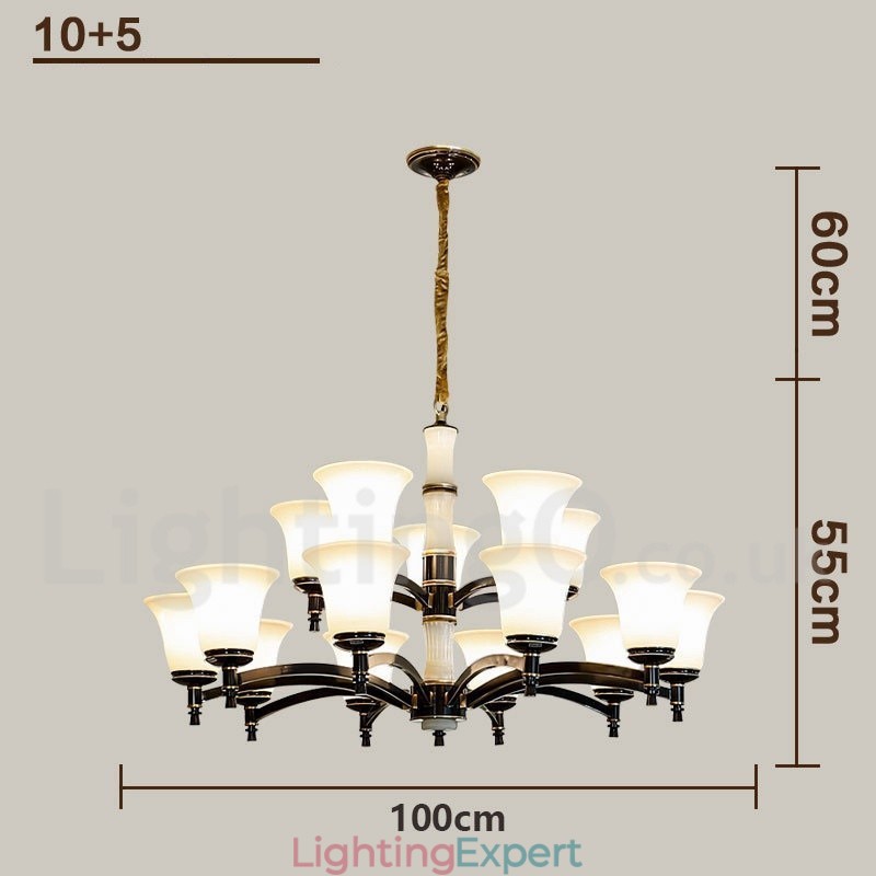 Pure Brass Luxurious Rustic Retro Vintage Brass Stone Pendant Candle Chandelier with Glass Shades