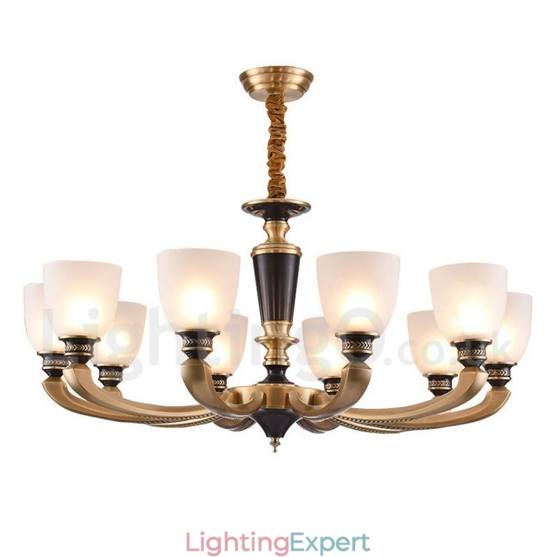 Pure Brass Luxurious Rustic Retro Vintage Brass Pendant Candle Chandelier with Glass Shades
