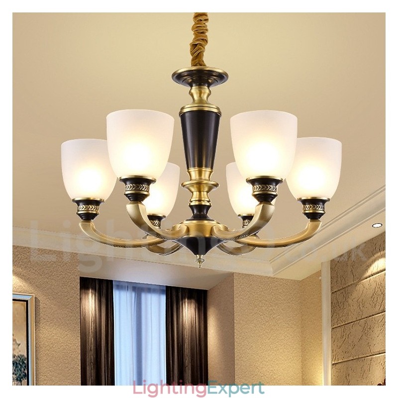 Pure Brass Luxurious Rustic Retro Vintage Brass Pendant Candle Chandelier with Glass Shades