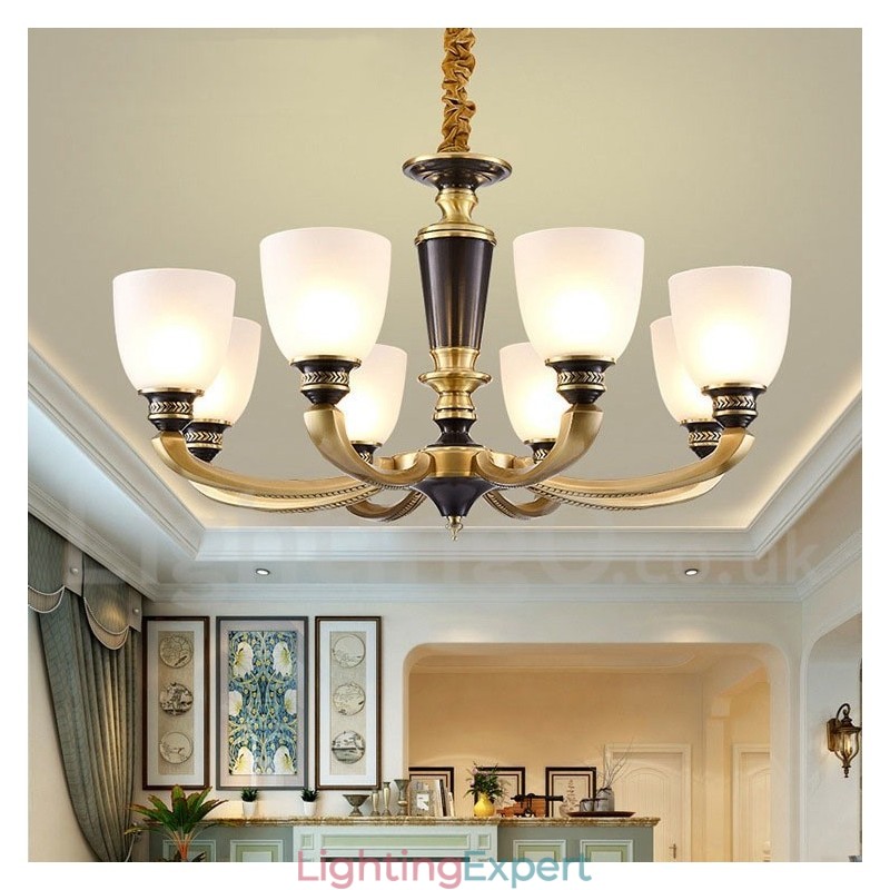 Pure Brass Luxurious Rustic Retro Vintage Brass Pendant Candle Chandelier with Glass Shades