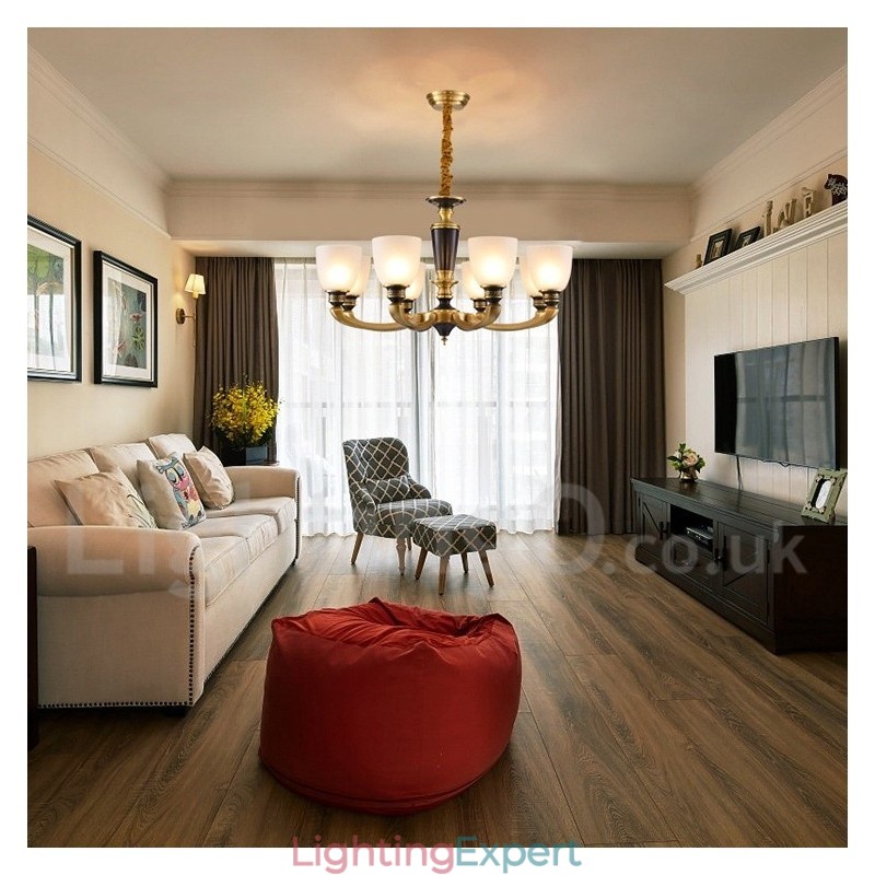 Pure Brass Luxurious Rustic Retro Vintage Brass Pendant Candle Chandelier with Glass Shades