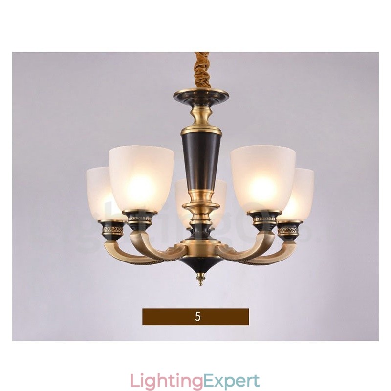 Pure Brass Luxurious Rustic Retro Vintage Brass Pendant Candle Chandelier with Glass Shades