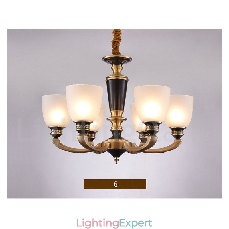 Pure Brass Luxurious Rustic Retro Vintage Brass Pendant Candle Chandelier with Glass Shades