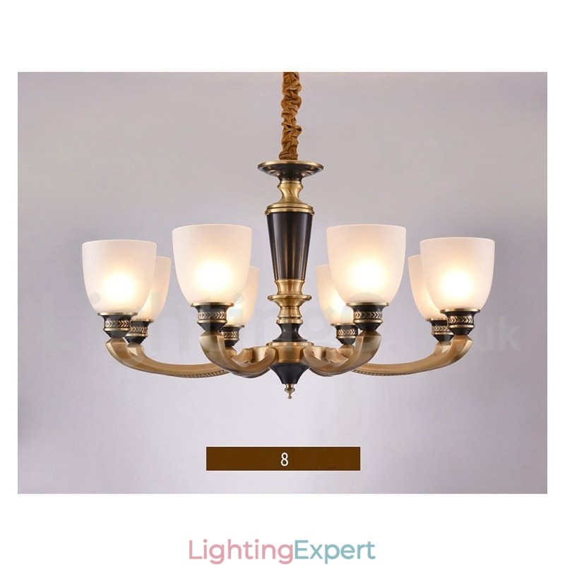 Pure Brass Luxurious Rustic Retro Vintage Brass Pendant Candle Chandelier with Glass Shades
