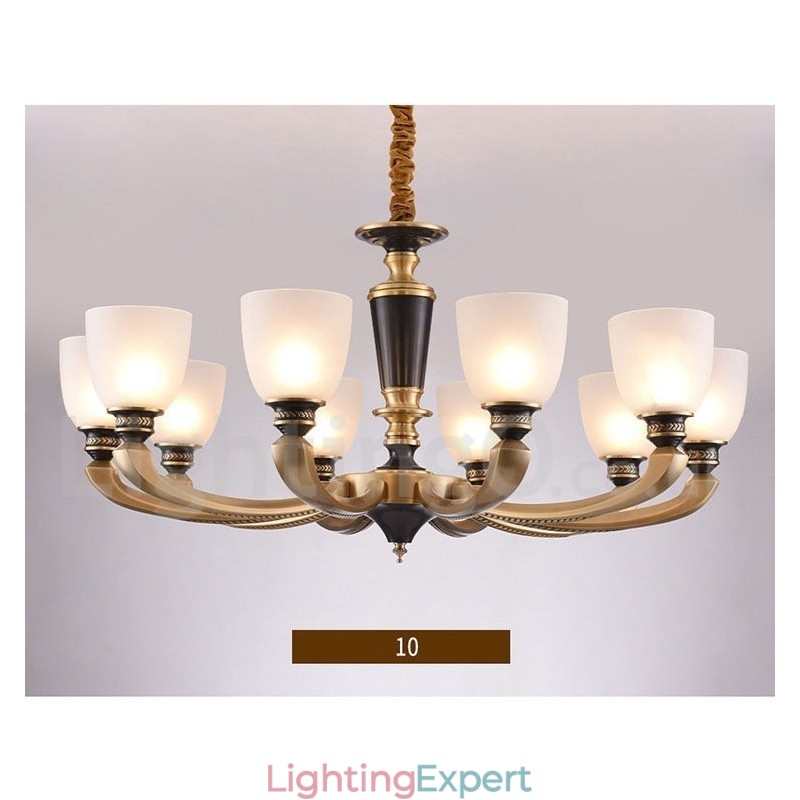 Pure Brass Luxurious Rustic Retro Vintage Brass Pendant Candle Chandelier with Glass Shades