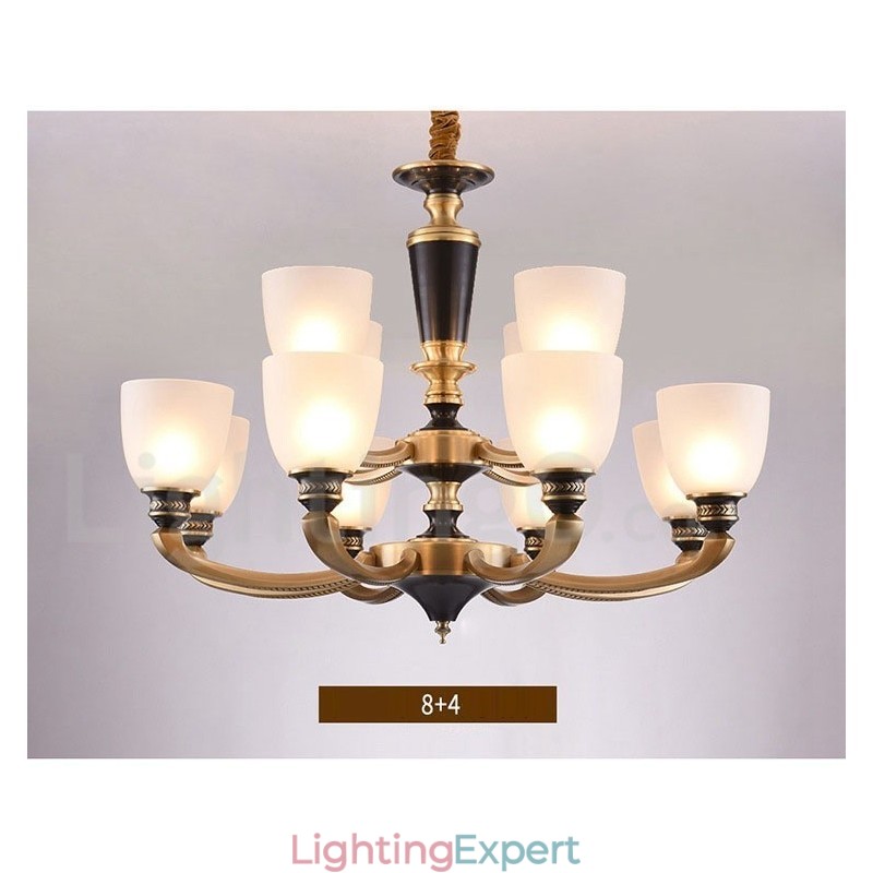 Pure Brass Luxurious Rustic Retro Vintage Brass Pendant Candle Chandelier with Glass Shades