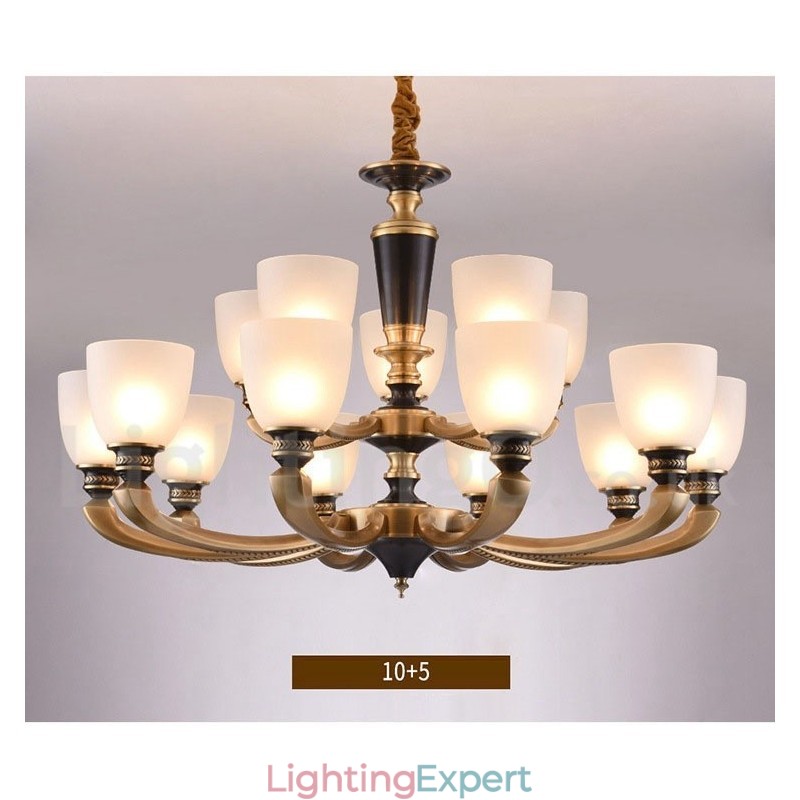 Pure Brass Luxurious Rustic Retro Vintage Brass Pendant Candle Chandelier with Glass Shades