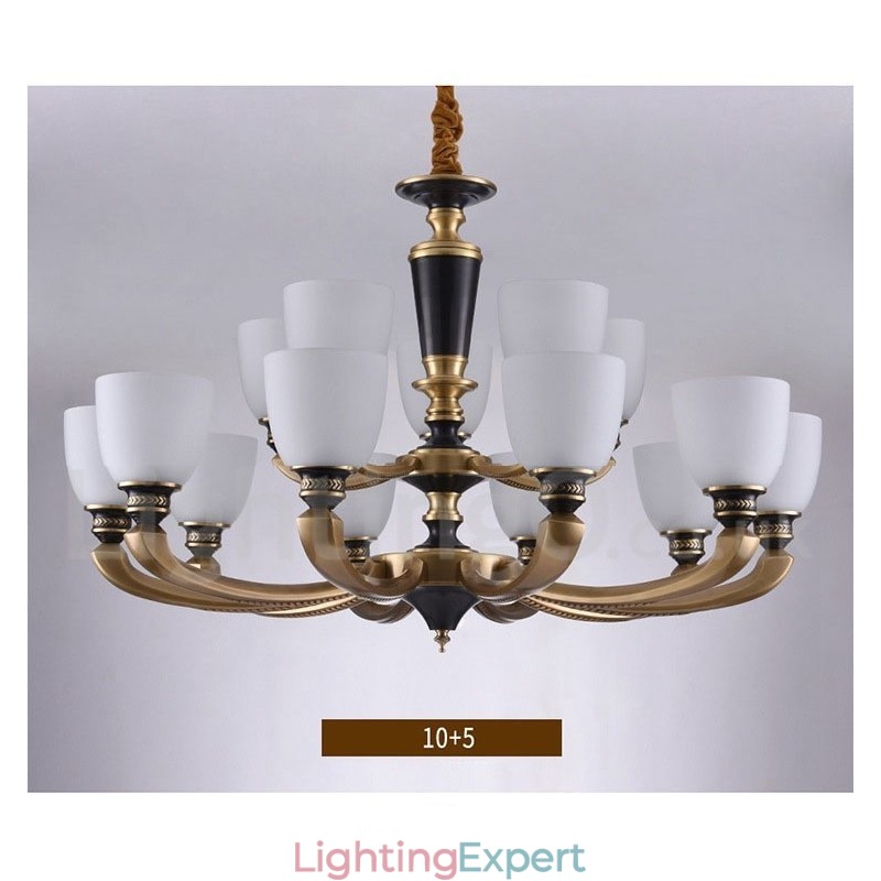 Pure Brass Luxurious Rustic Retro Vintage Brass Pendant Candle Chandelier with Glass Shades