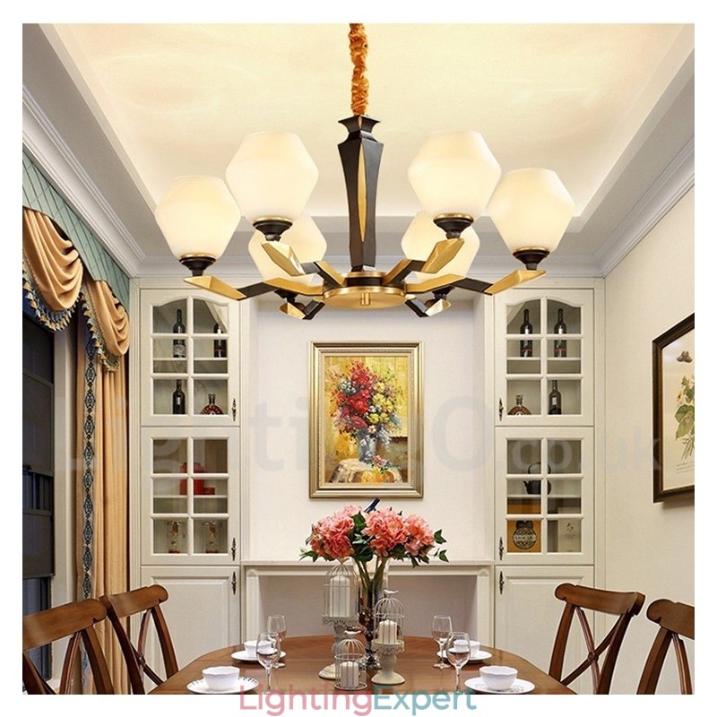 Pure Brass Luxurious Rustic Retro Vintage Brass Pendant Candle Chandelier with Glass Shades