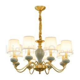 Pure Brass Luxurious Rustic Retro Vintage Brass Ceramics Pendant Candle Chandelier with Fabric Shades