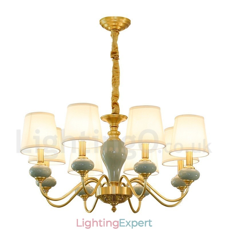 Pure Brass Luxurious Rustic Retro Vintage Brass Ceramics Pendant Candle Chandelier with Fabric Shades