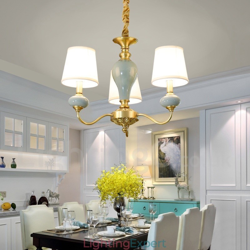 Pure Brass Luxurious Rustic Retro Vintage Brass Ceramics Pendant Candle Chandelier with Fabric Shades