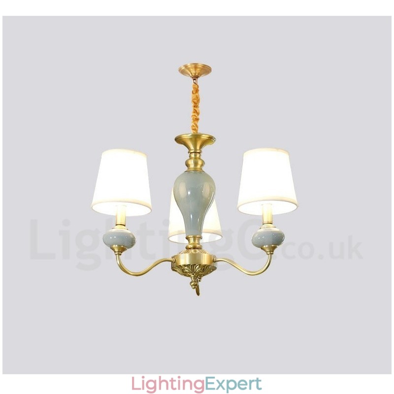 Pure Brass Luxurious Rustic Retro Vintage Brass Ceramics Pendant Candle Chandelier with Fabric Shades