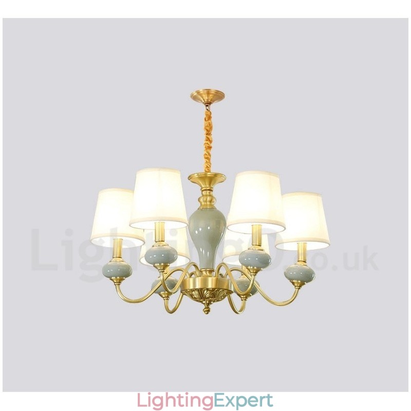 Pure Brass Luxurious Rustic Retro Vintage Brass Ceramics Pendant Candle Chandelier with Fabric Shades