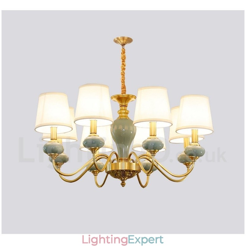 Pure Brass Luxurious Rustic Retro Vintage Brass Ceramics Pendant Candle Chandelier with Fabric Shades