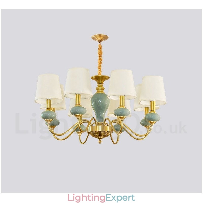 Pure Brass Luxurious Rustic Retro Vintage Brass Ceramics Pendant Candle Chandelier with Fabric Shades