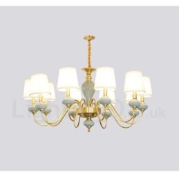 Pure Brass Luxurious Rustic Retro Vintage Brass Ceramics Pendant Candle Chandelier with Fabric Shades