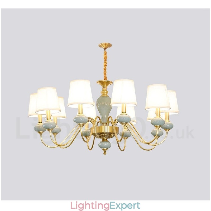 Pure Brass Luxurious Rustic Retro Vintage Brass Ceramics Pendant Candle Chandelier with Fabric Shades