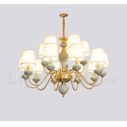 Pure Brass Luxurious Rustic Retro Vintage Brass Ceramics Pendant Candle Chandelier with Fabric Shades