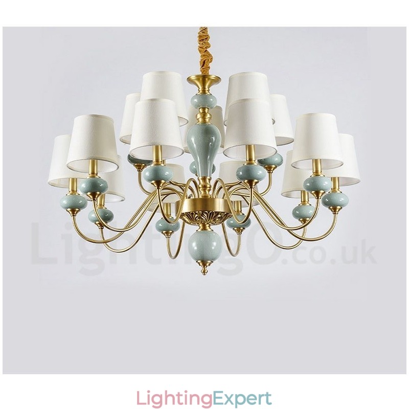 Pure Brass Luxurious Rustic Retro Vintage Brass Ceramics Pendant Candle Chandelier with Fabric Shades