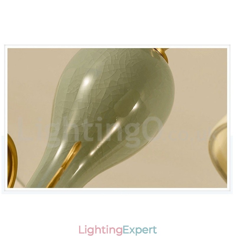 Pure Brass Luxurious Rustic Retro Vintage Brass Ceramics Pendant Candle Chandelier with Fabric Shades