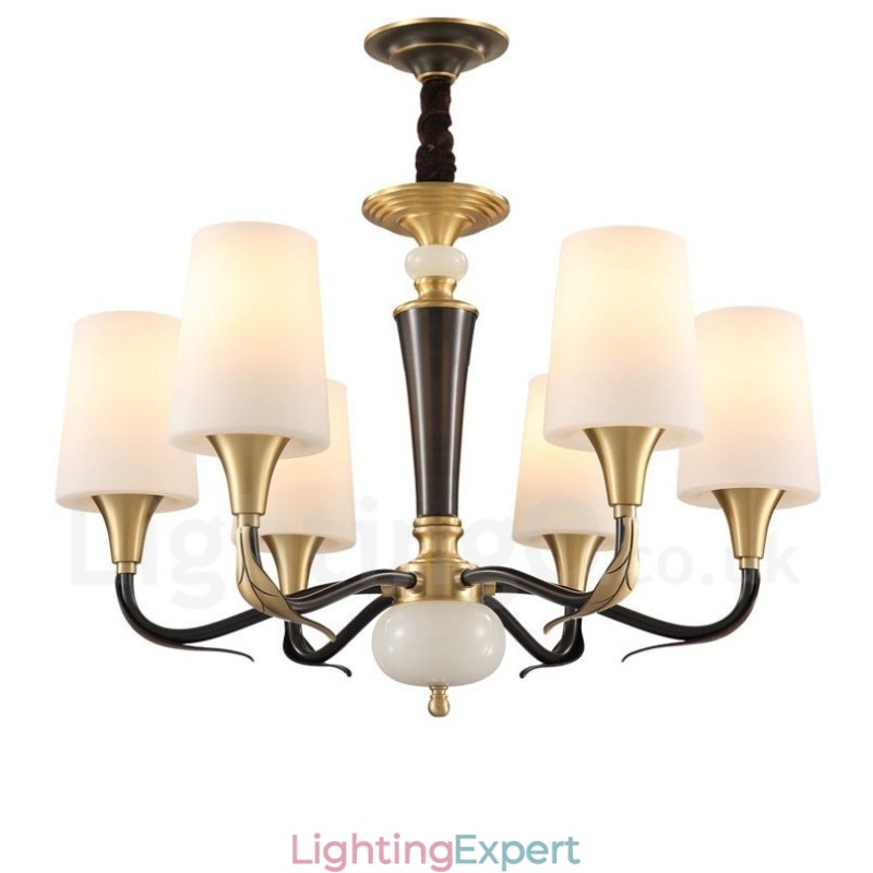 Pure Brass Luxurious Rustic Retro Vintage Brass Stone Pendant Candle Chandelier with Glass Shades